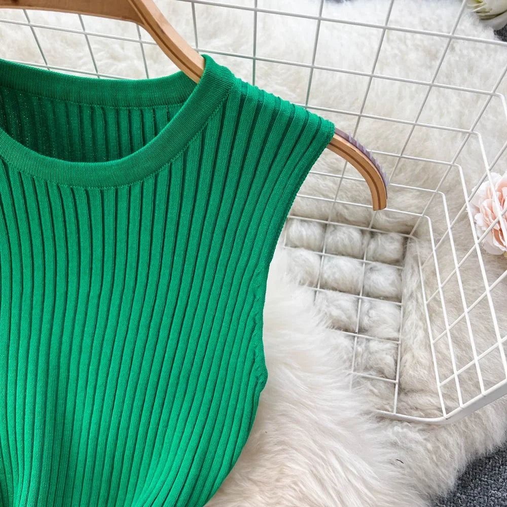 Summer Knitted Bodycon Sexy Dress 2024 O Neck Sleeveless Ruffled Party Sundress High Street Elastic Slim Short Dress