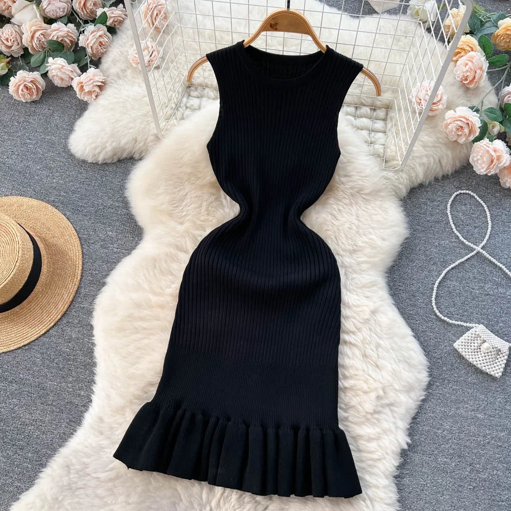 Summer Knitted Bodycon Sexy Dress 2024 O Neck Sleeveless Ruffled Party Sundress High Street Elastic Slim Short Dress