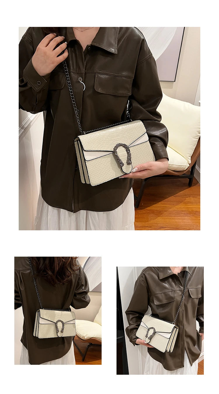 Retro Style Fashion Chain Shoulder Bag for Women Snake Pattern Crossbody Small Square Bag Trendy Accessory