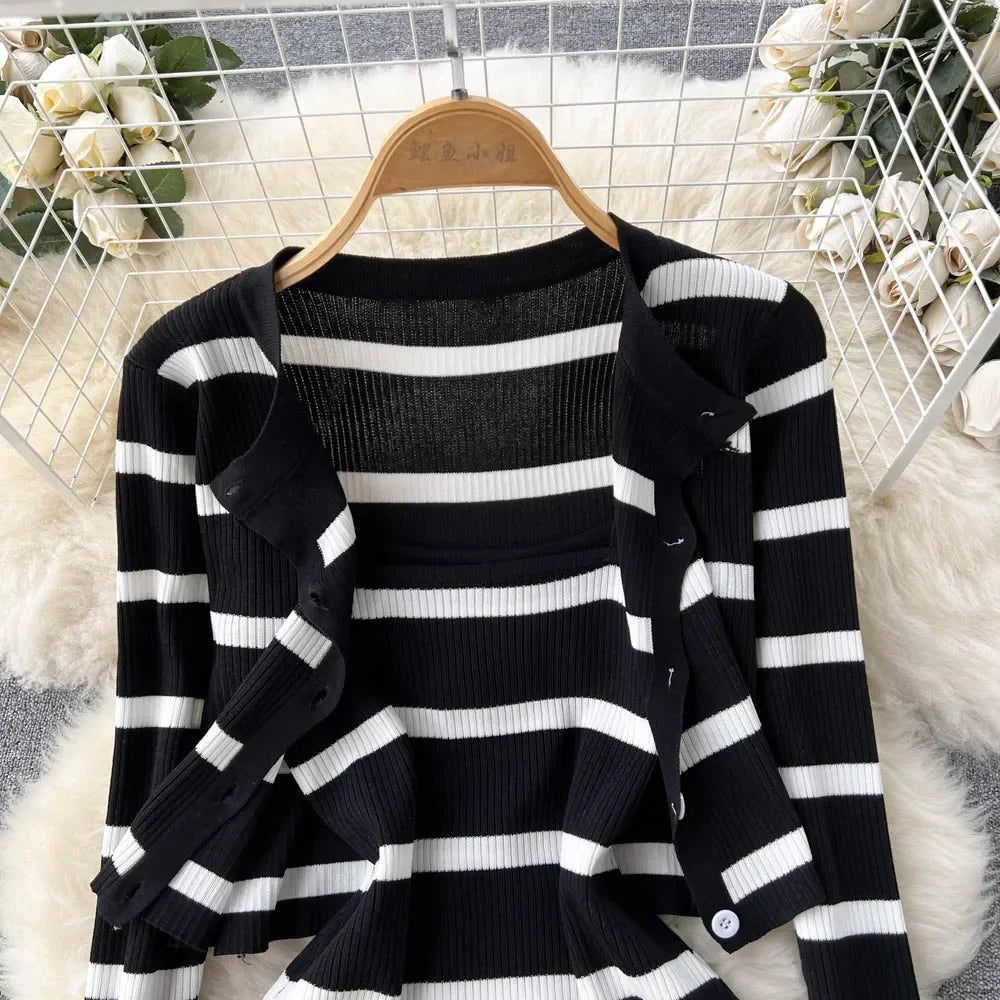 Korean Sweet Hit Color Patchwork Striped Spaghetti Strap Dress and V Neck Long Sleeve Cardigans 2 Pieces Sets