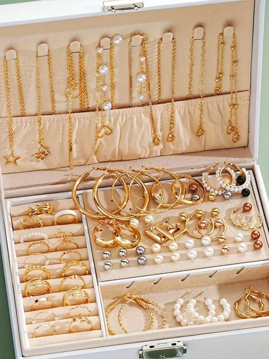 86pcs/Set Elegant Earrings Multi-Layered Necklace Ear Studs Rings 4-In-1 Faux Pearl Jewelry Set For Women Gift (No Box) New