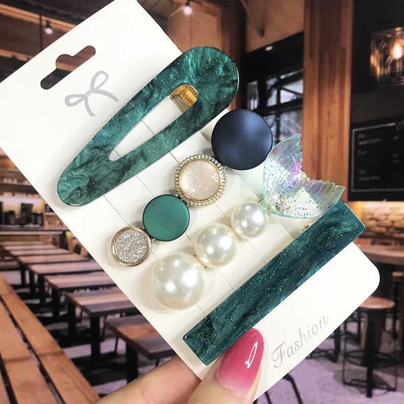 2022 Pearl Crystal Acrylic Hair Clips Set for Women Retro Geometric Barrettes Hairpin Girl Hair Accessories Fashion Jewelry