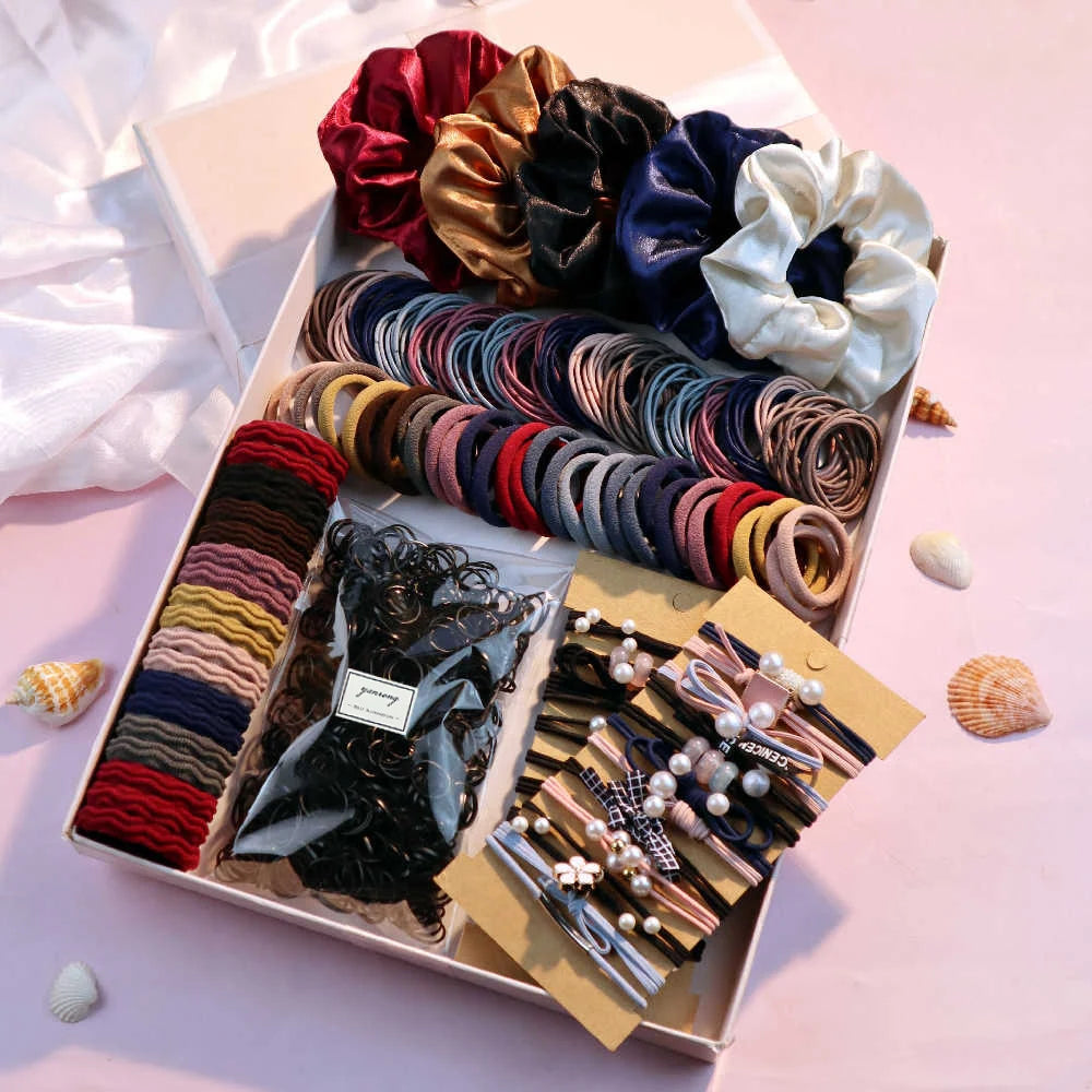 1085PCS Dark Hair Accessories for Woman Set Seamless Ponytail Holders Variety Hair Scrunchies HairBands Scrunchy Hair Ties
