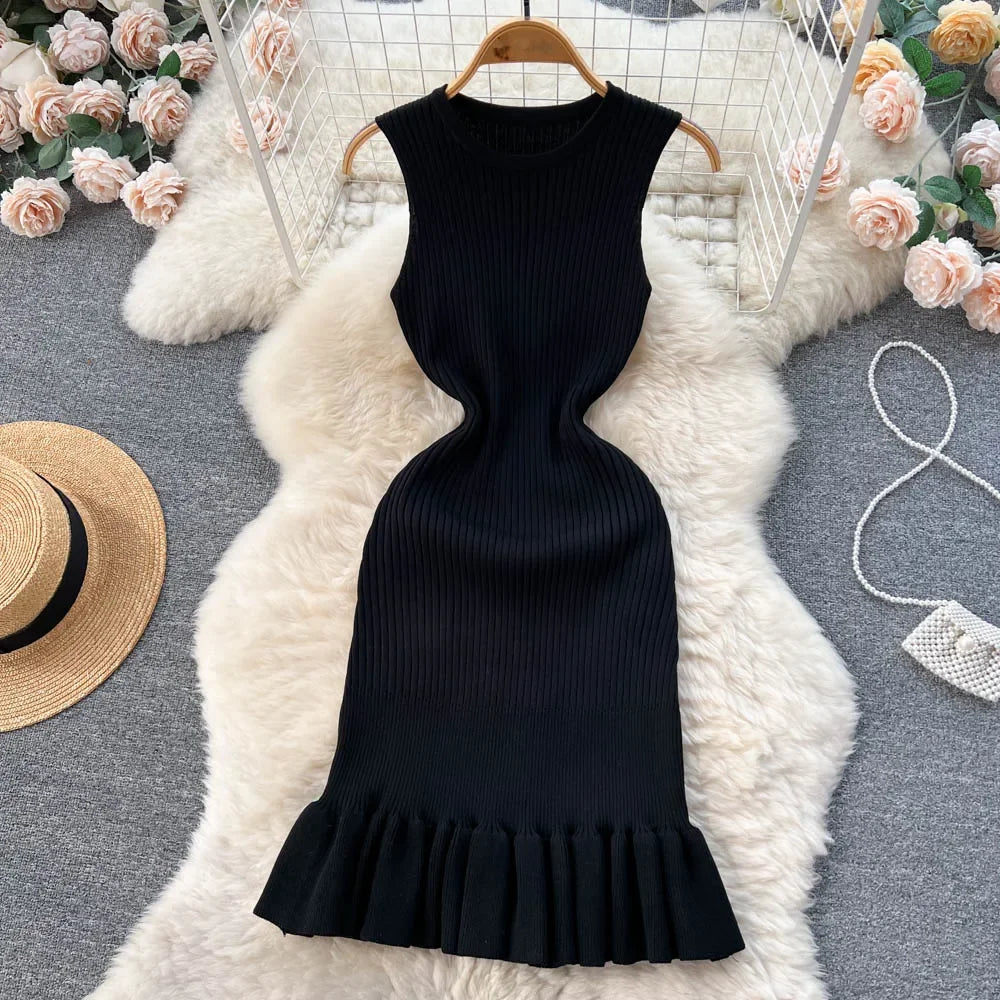 Summer Knitted Bodycon Sexy Dress 2024 O Neck Sleeveless Ruffled Party Sundress High Street Elastic Slim Short Dress