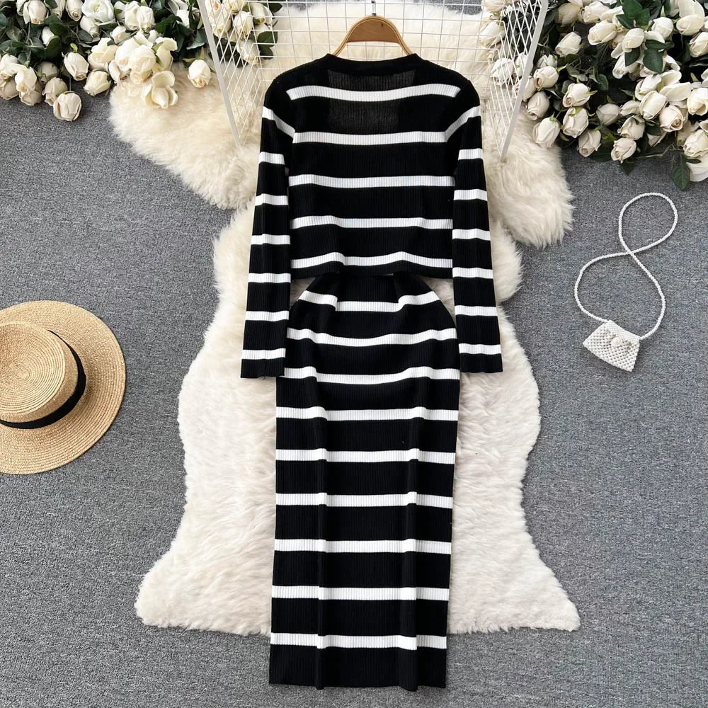 Korean Sweet Hit Color Patchwork Striped Spaghetti Strap Dress and V Neck Long Sleeve Cardigans 2 Pieces Sets