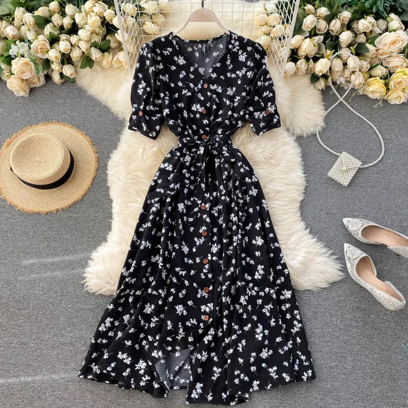 French Sweet Floral Dress Women V Neck Puff Sleeve Single-Breasted Belt Dress Summer Bohemian Print A-line Midi Dress