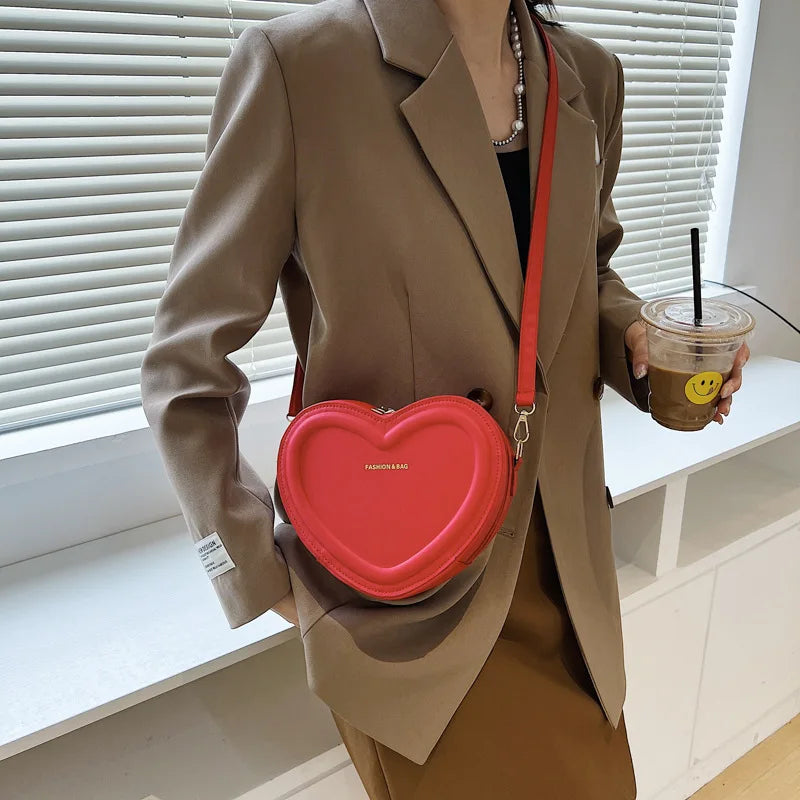 Fashion Heart Shaped Candy Color Small Shoulde Sling Bag For Girl PU Leather Zipper Women Casual Crossbody Bag
