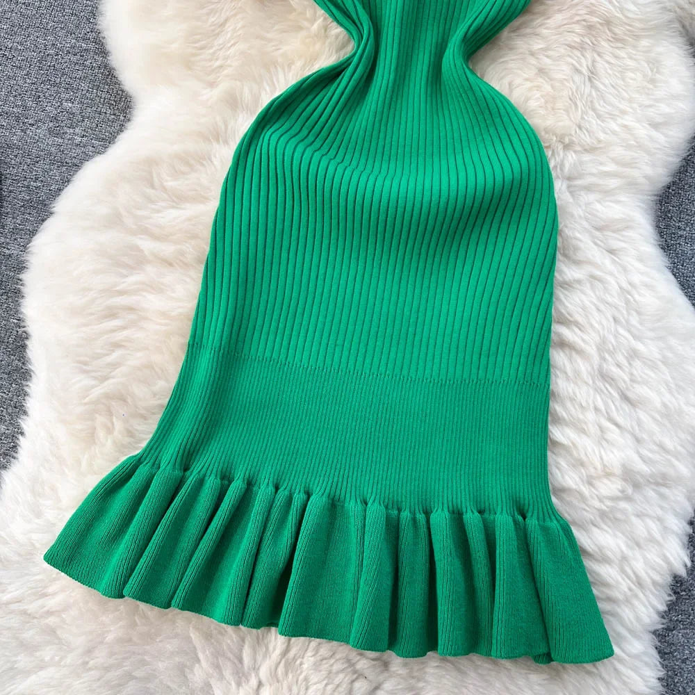 Summer Knitted Bodycon Sexy Dress 2024 O Neck Sleeveless Ruffled Party Sundress High Street Elastic Slim Short Dress