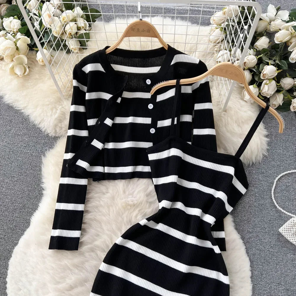 Korean Sweet Hit Color Patchwork Striped Spaghetti Strap Dress and V Neck Long Sleeve Cardigans 2 Pieces Sets