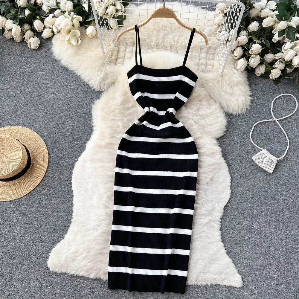 Korean Sweet Hit Color Patchwork Striped Spaghetti Strap Dress and V Neck Long Sleeve Cardigans 2 Pieces Sets