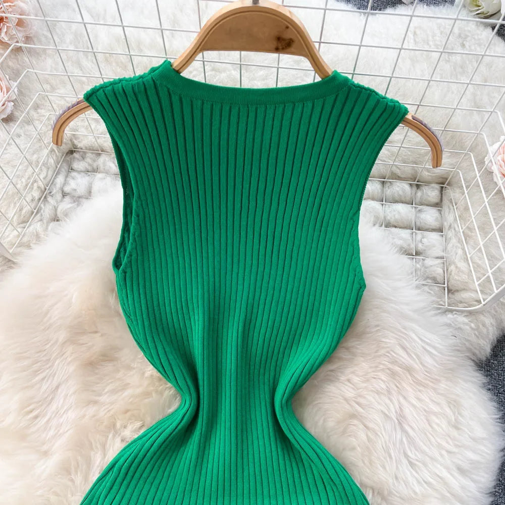 Summer Knitted Bodycon Sexy Dress 2024 O Neck Sleeveless Ruffled Party Sundress High Street Elastic Slim Short Dress