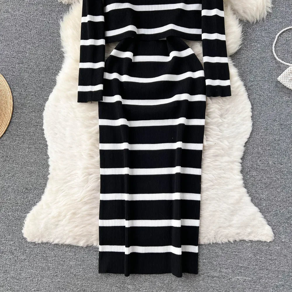 Korean Sweet Hit Color Patchwork Striped Spaghetti Strap Dress and V Neck Long Sleeve Cardigans 2 Pieces Sets