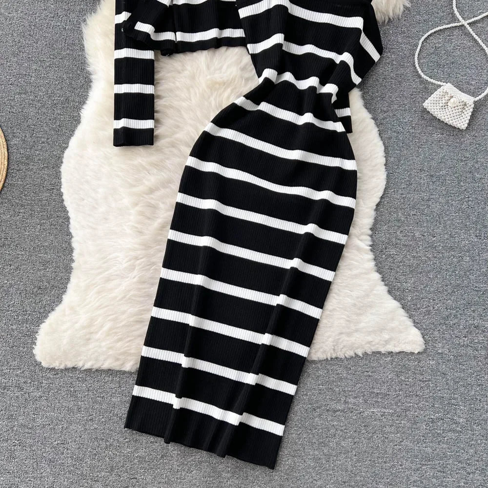 Korean Sweet Hit Color Patchwork Striped Spaghetti Strap Dress and V Neck Long Sleeve Cardigans 2 Pieces Sets