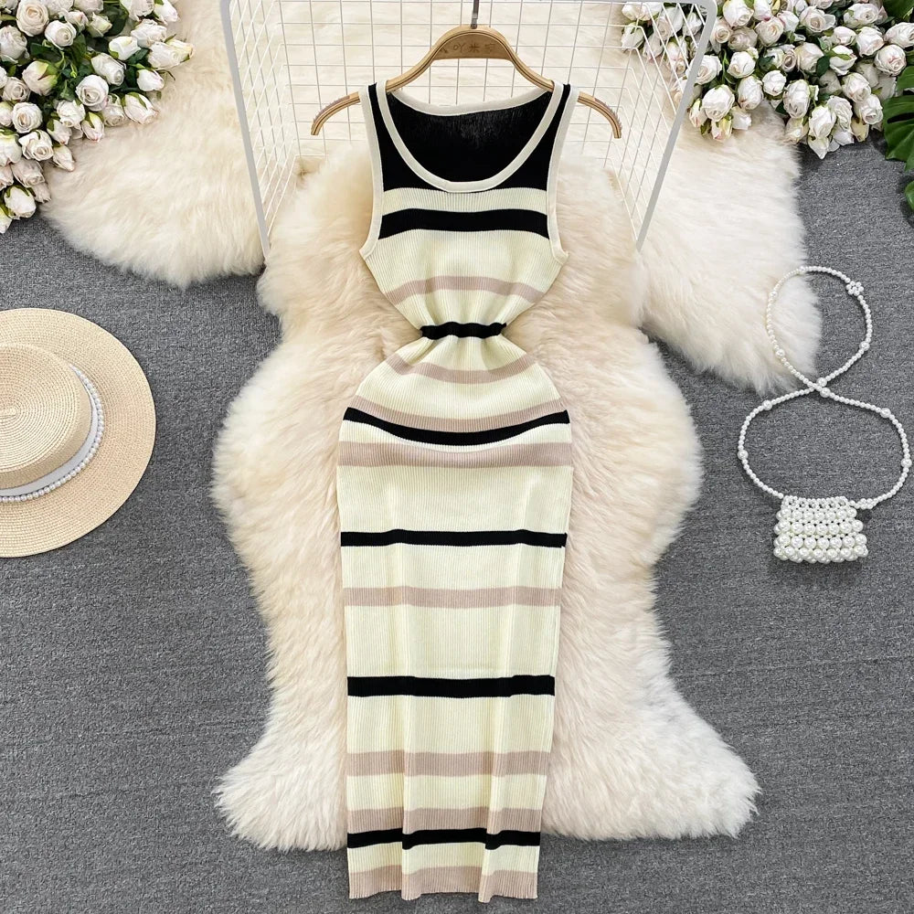 Chic Stripe O-neck Knit Elastic Bodycon Dress Sexy Beach Vacation Sundress Women Casual Slim Pencil Vestidos Maxi Long Dress