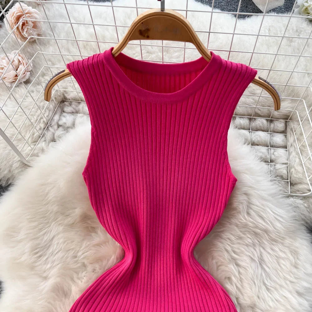 Summer Knitted Bodycon Sexy Dress 2024 O Neck Sleeveless Ruffled Party Sundress High Street Elastic Slim Short Dress
