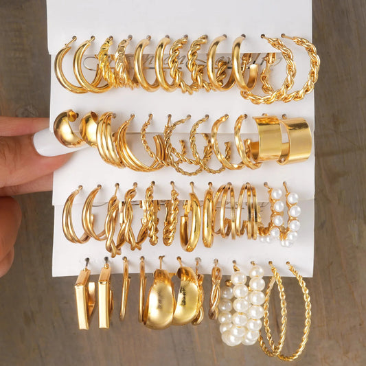 New 24 Pairs Earrings Set for Women Gold Color Bohemia Vintage Pearl Circle Geometric Hoop Earring Trendy Luxury Jewelry Gifts