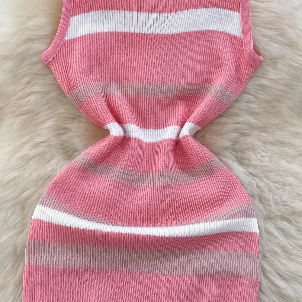 Chic Stripe O-neck Knit Elastic Bodycon Dress Sexy Beach Vacation Sundress Women Casual Slim Pencil Vestidos Maxi Long Dress