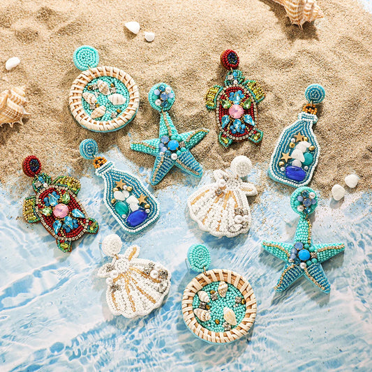 Bohemia Handmade Beaded Stone Rhinestone Shell Turtle Dangle Earrings for Women Girls Starfish Earrings Summer Beach Jewelry