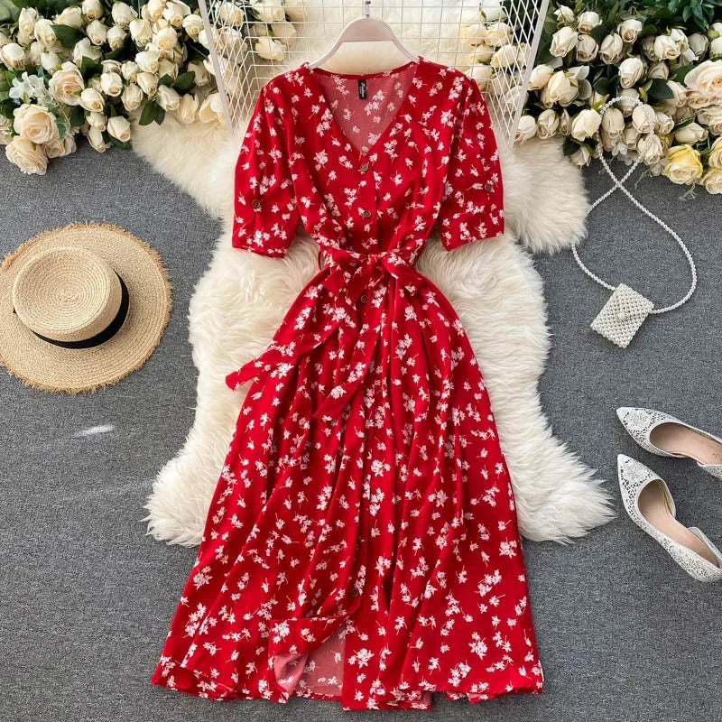 French Sweet Floral Dress Women V Neck Puff Sleeve Single-Breasted Belt Dress Summer Bohemian Print A-line Midi Dress