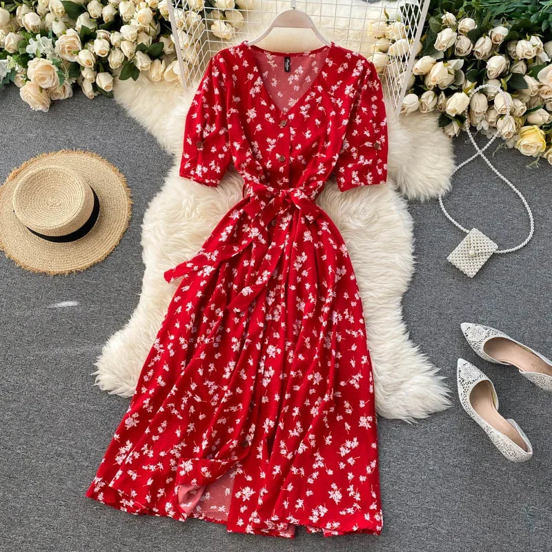 French Sweet Floral Dress Women V Neck Puff Sleeve Single-Breasted Belt Dress Summer Bohemian Print A-line Midi Dress