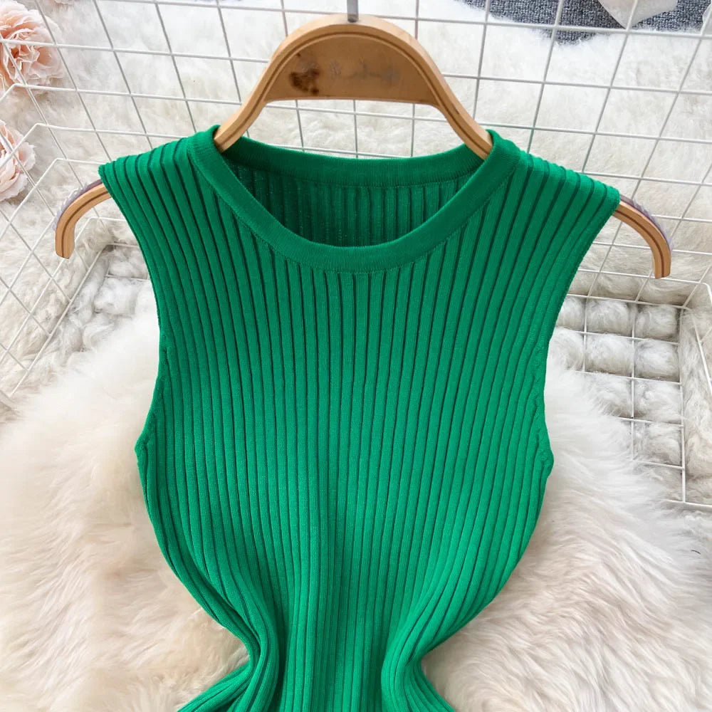 Summer Knitted Bodycon Sexy Dress 2024 O Neck Sleeveless Ruffled Party Sundress High Street Elastic Slim Short Dress