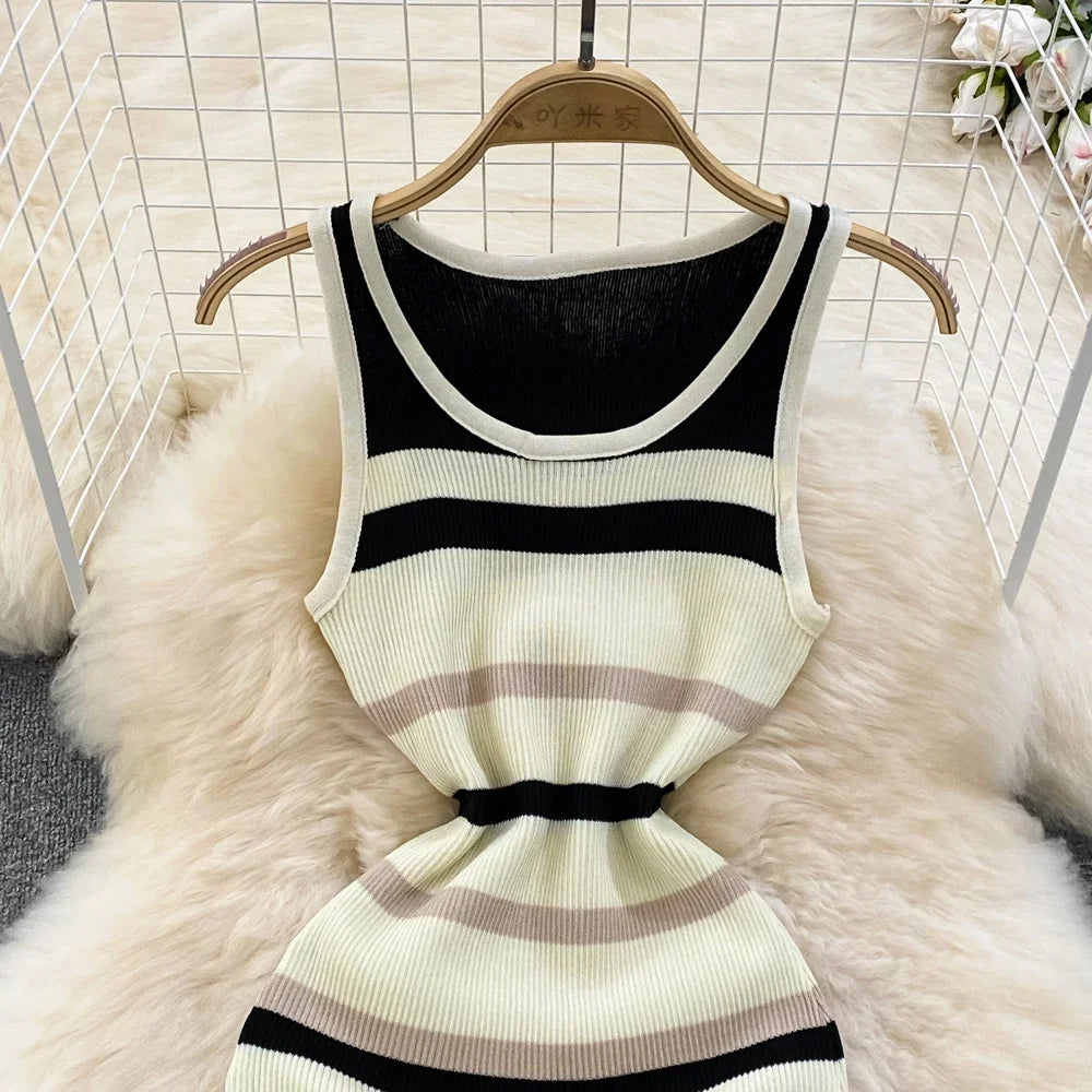 Chic Stripe O-neck Knit Elastic Bodycon Dress Sexy Beach Vacation Sundress Women Casual Slim Pencil Vestidos Maxi Long Dress