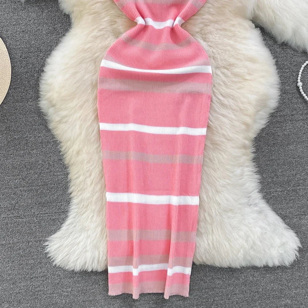 Chic Stripe O-neck Knit Elastic Bodycon Dress Sexy Beach Vacation Sundress Women Casual Slim Pencil Vestidos Maxi Long Dress