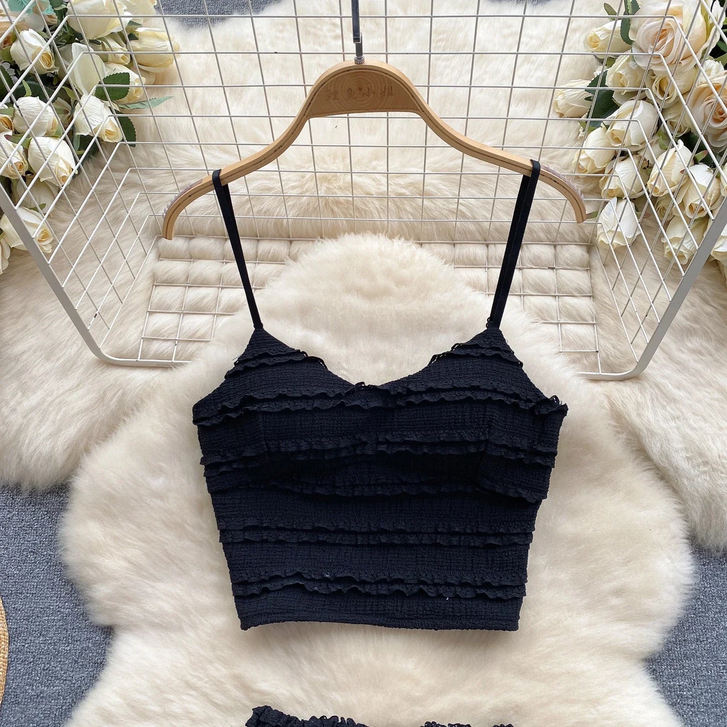 2024 Sweet Ruched Two Pieces Sets V Neck Strap Crop Tops+Short Pleated Skirt Women Korean Style Chic Summer Beachwear Suits