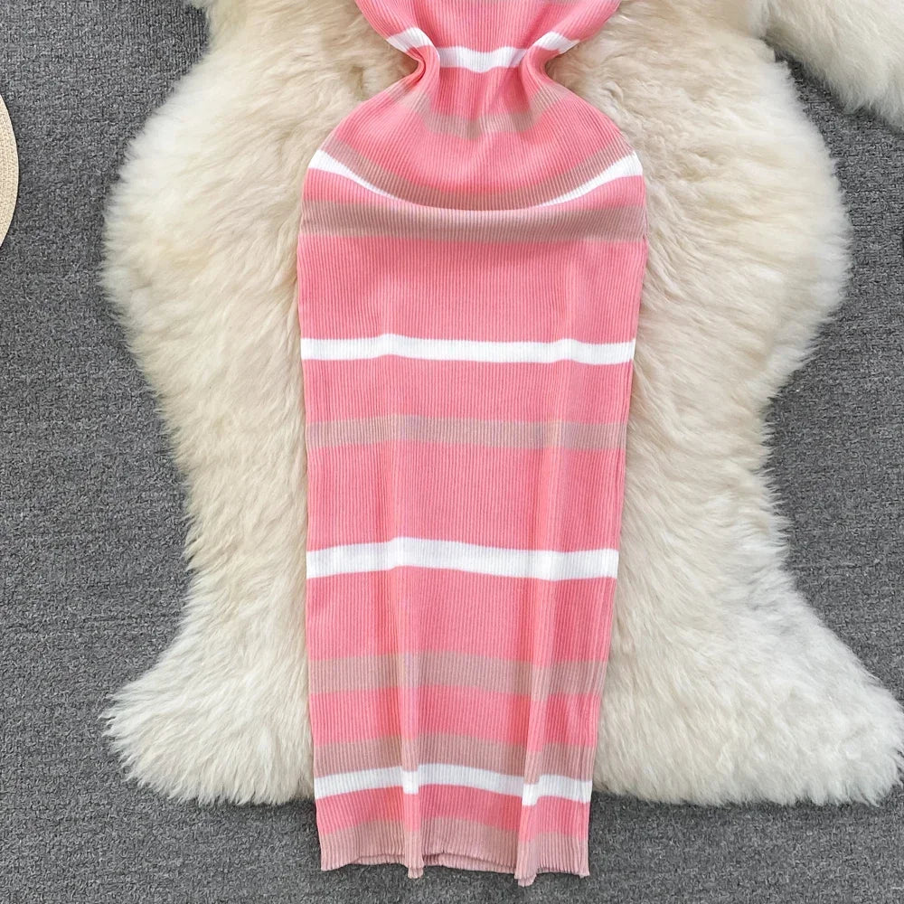 Chic Stripe O-neck Knit Elastic Bodycon Dress Sexy Beach Vacation Sundress Women Casual Slim Pencil Vestidos Maxi Long Dress