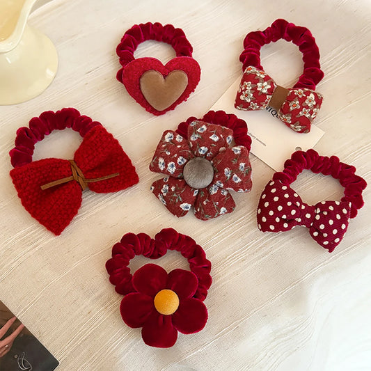 Temperament is versatile, red bow flowers, women's hair tie hair rope, ponytail hair rope, leather band hair ornament