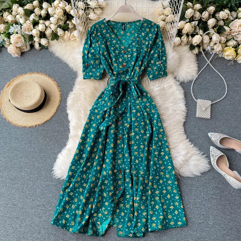 French Sweet Floral Dress Women V Neck Puff Sleeve Single-Breasted Belt Dress Summer Bohemian Print A-line Midi Dress