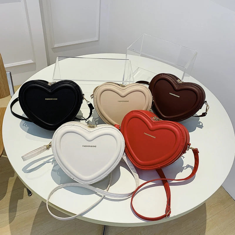 Fashion Heart Shaped Candy Color Small Shoulde Sling Bag For Girl PU Leather Zipper Women Casual Crossbody Bag
