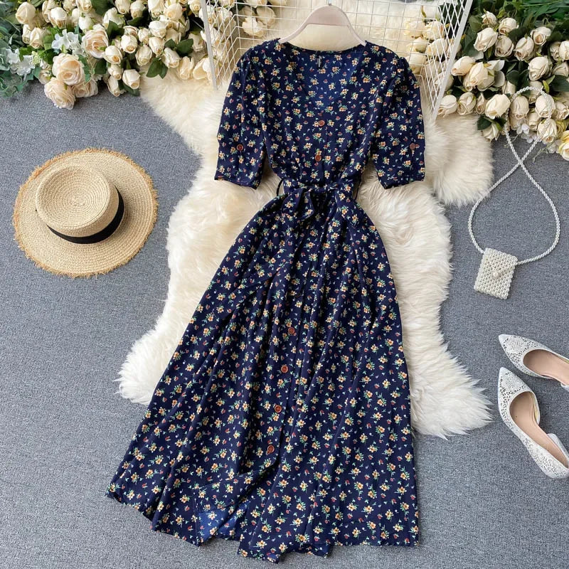 French Sweet Floral Dress Women V Neck Puff Sleeve Single-Breasted Belt Dress Summer Bohemian Print A-line Midi Dress