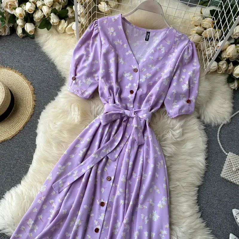 French Sweet Floral Dress Women V Neck Puff Sleeve Single-Breasted Belt Dress Summer Bohemian Print A-line Midi Dress