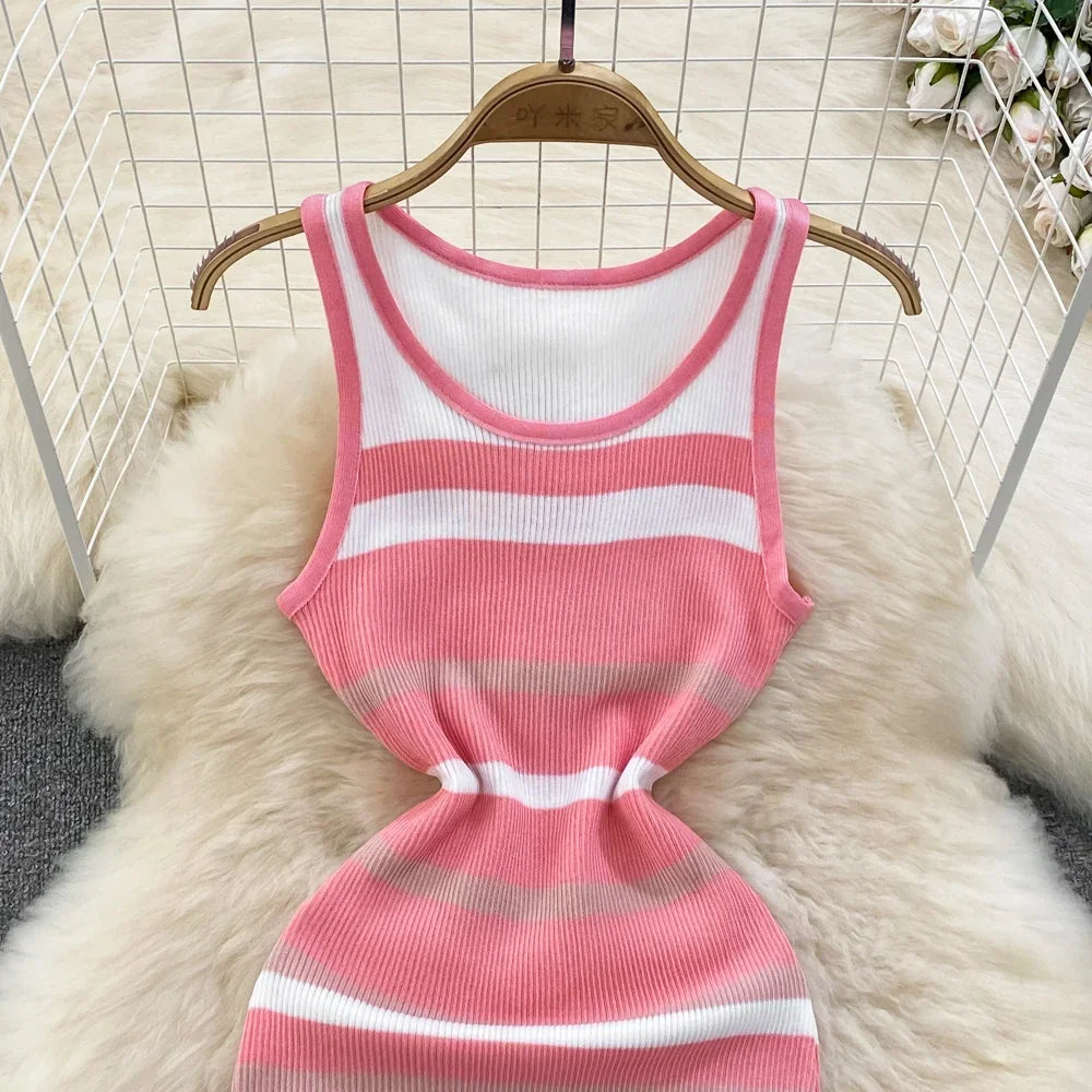 Chic Stripe O-neck Knit Elastic Bodycon Dress Sexy Beach Vacation Sundress Women Casual Slim Pencil Vestidos Maxi Long Dress