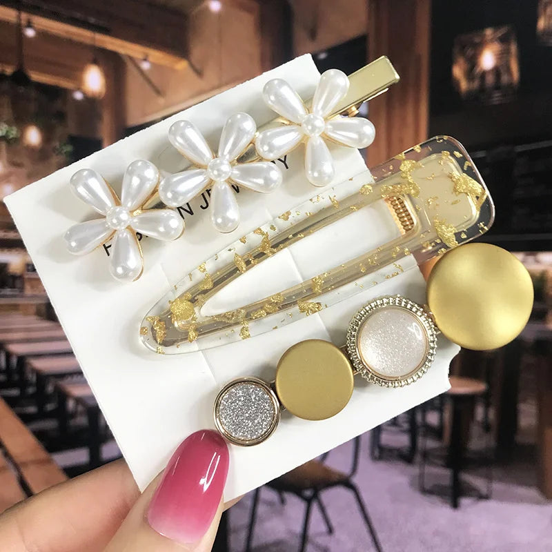 2022 Pearl Crystal Acrylic Hair Clips Set for Women Retro Geometric Barrettes Hairpin Girl Hair Accessories Fashion Jewelry