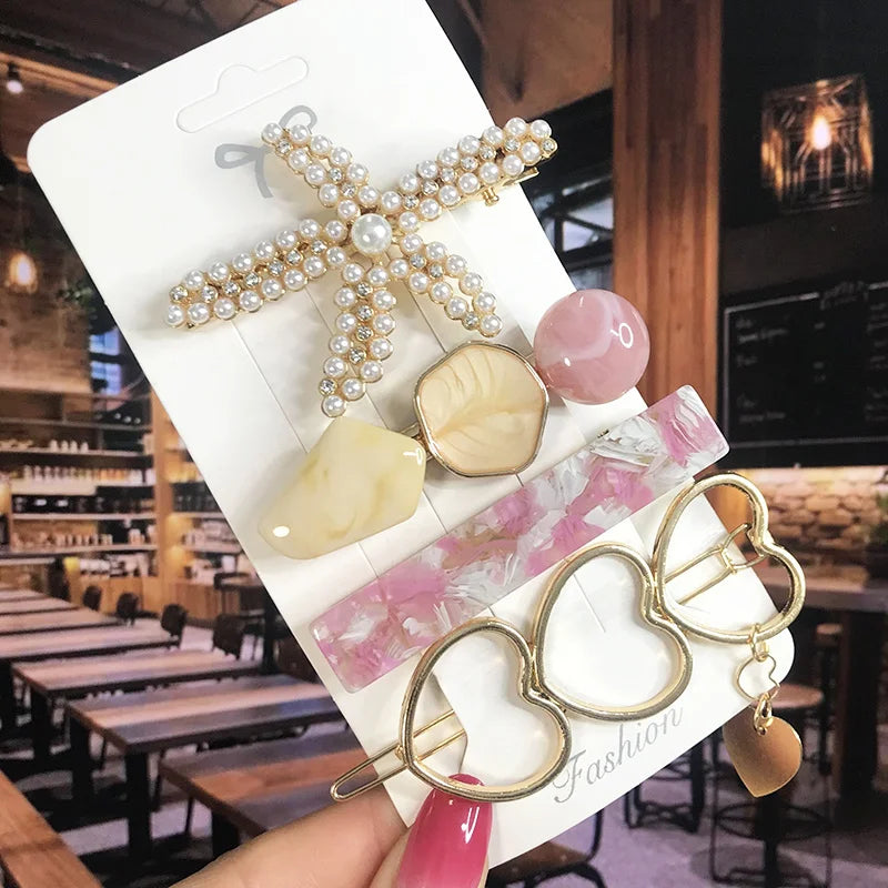 2022 Pearl Crystal Acrylic Hair Clips Set for Women Retro Geometric Barrettes Hairpin Girl Hair Accessories Fashion Jewelry
