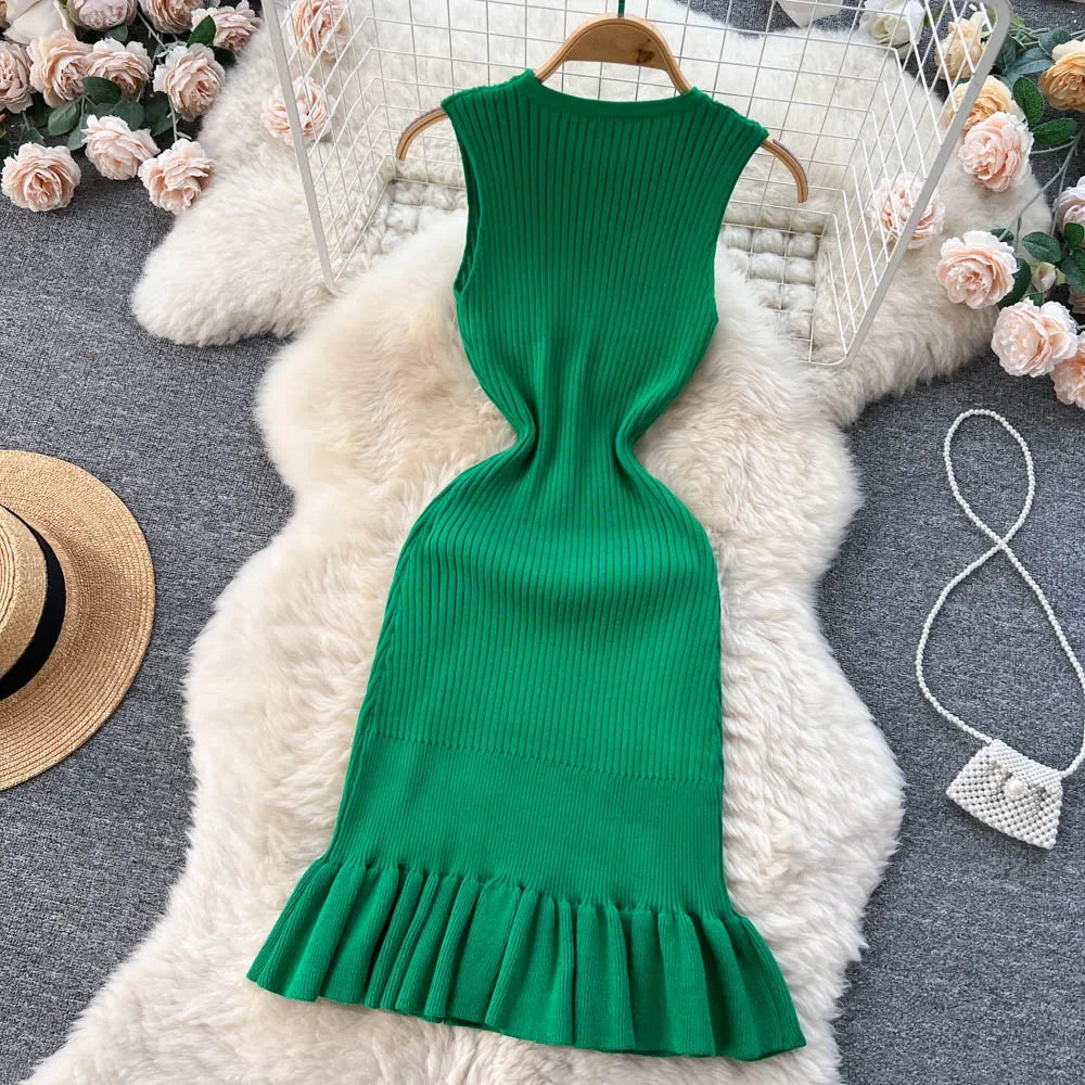 Summer Knitted Bodycon Sexy Dress 2024 O Neck Sleeveless Ruffled Party Sundress High Street Elastic Slim Short Dress