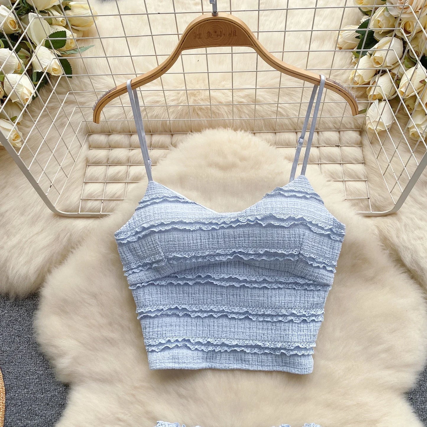 2024 Sweet Ruched Two Pieces Sets V Neck Strap Crop Tops+Short Pleated Skirt Women Korean Style Chic Summer Beachwear Suits
