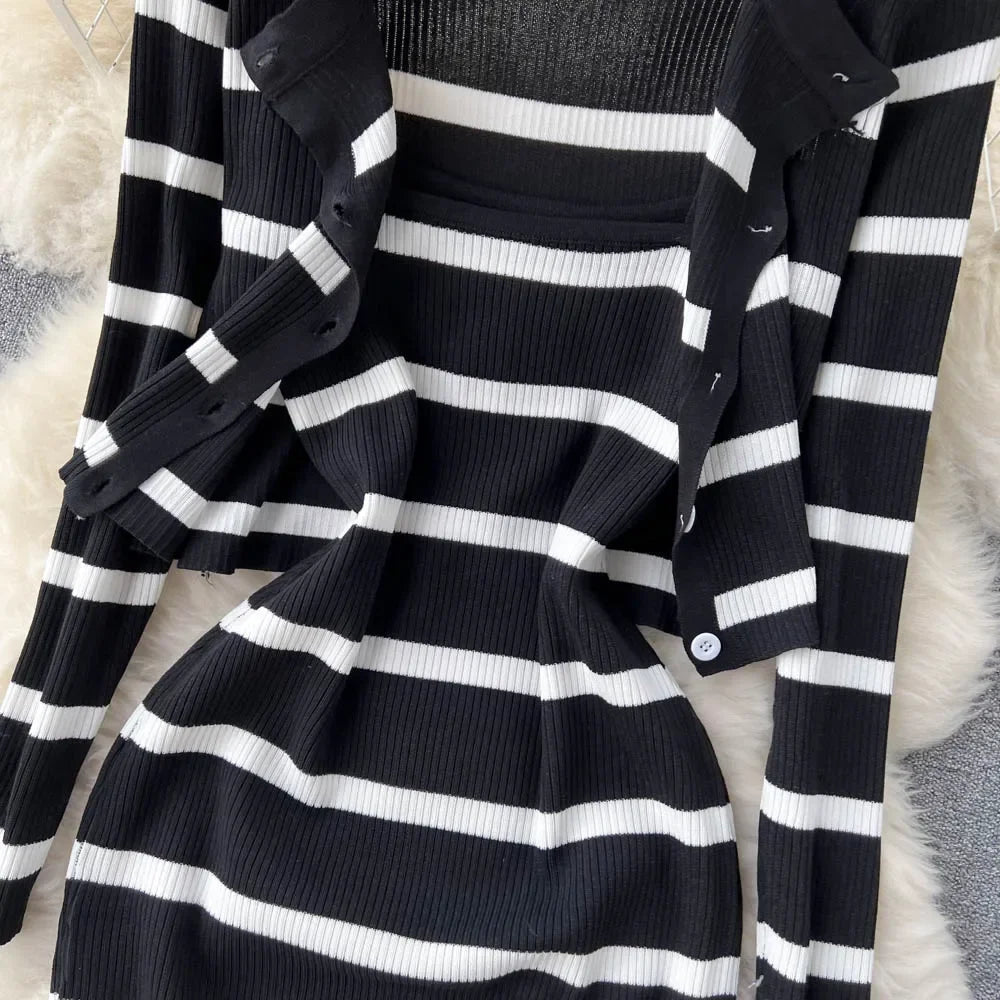 Korean Sweet Hit Color Patchwork Striped Spaghetti Strap Dress and V Neck Long Sleeve Cardigans 2 Pieces Sets