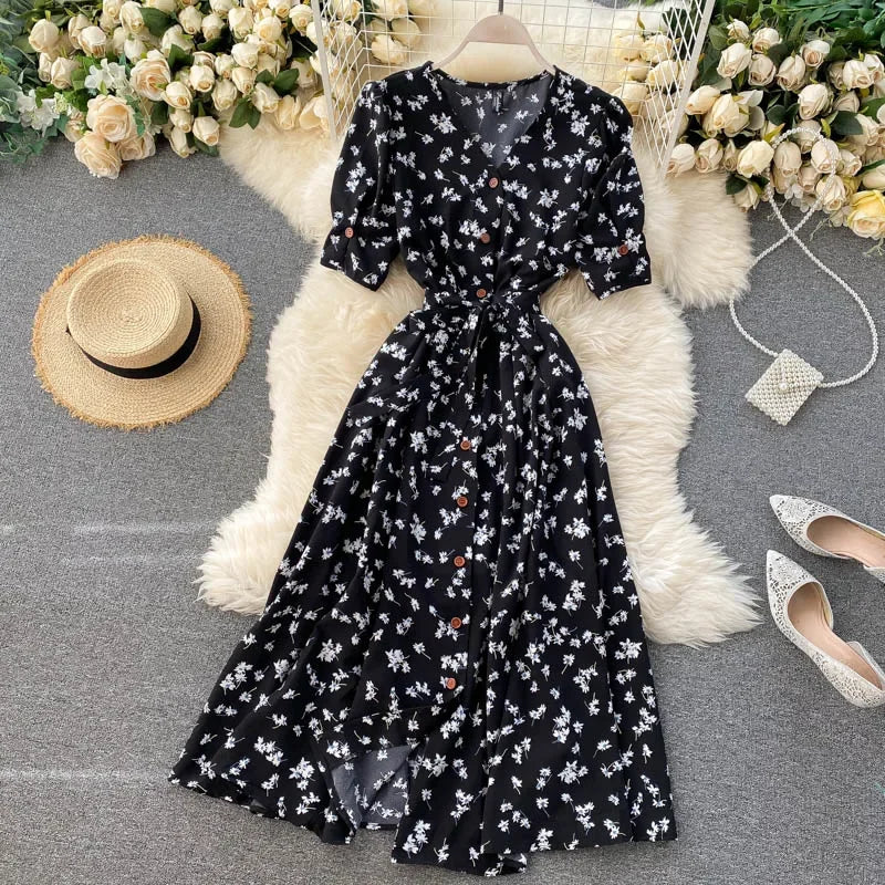 French Sweet Floral Dress Women V Neck Puff Sleeve Single-Breasted Belt Dress Summer Bohemian Print A-line Midi Dress
