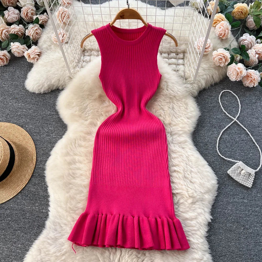 Summer Knitted Bodycon Sexy Dress 2024 O Neck Sleeveless Ruffled Party Sundress High Street Elastic Slim Short Dress