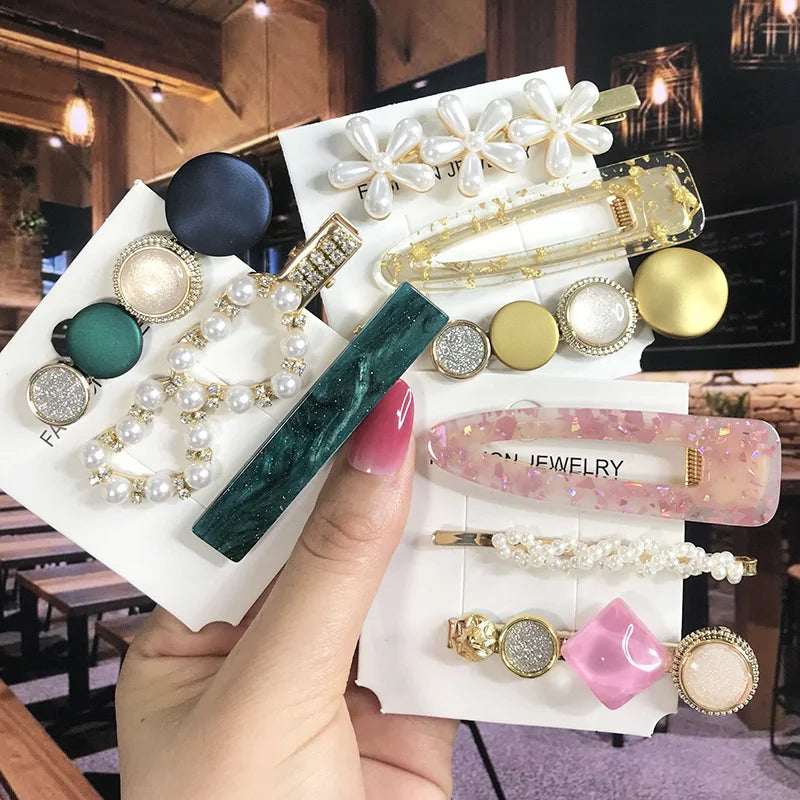 2022 Pearl Crystal Acrylic Hair Clips Set for Women Retro Geometric Barrettes Hairpin Girl Hair Accessories Fashion Jewelry