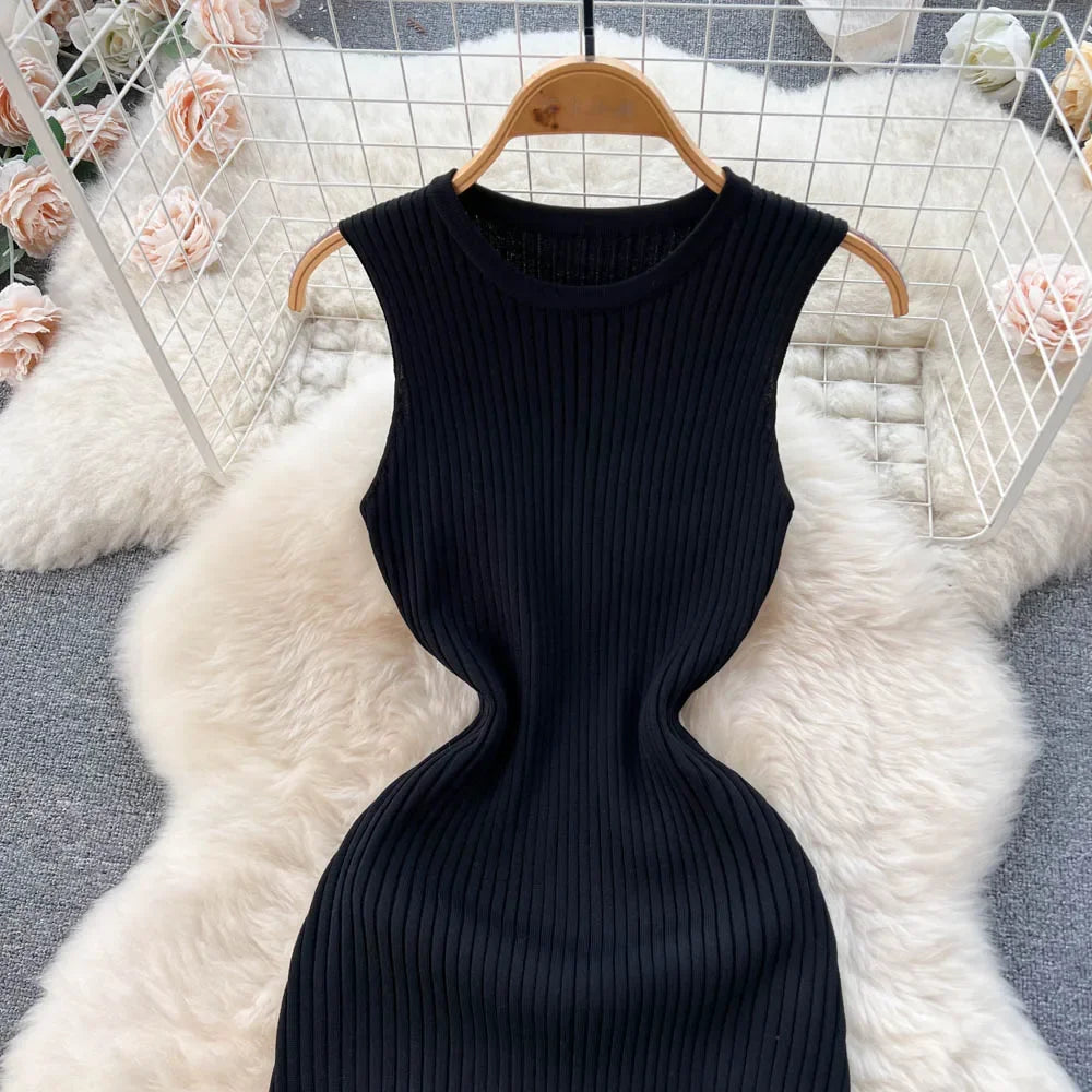 Summer Knitted Bodycon Sexy Dress 2024 O Neck Sleeveless Ruffled Party Sundress High Street Elastic Slim Short Dress