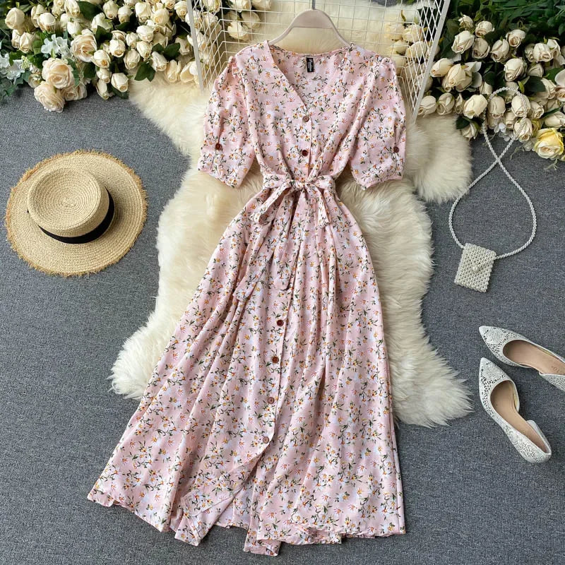 French Sweet Floral Dress Women V Neck Puff Sleeve Single-Breasted Belt Dress Summer Bohemian Print A-line Midi Dress