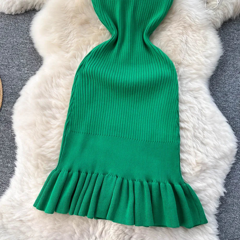 Summer Knitted Bodycon Sexy Dress 2024 O Neck Sleeveless Ruffled Party Sundress High Street Elastic Slim Short Dress