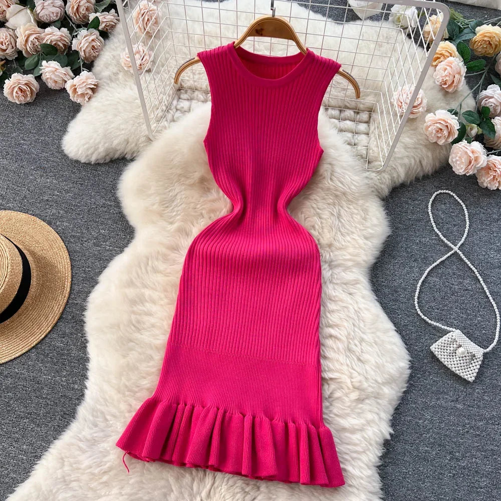Summer Knitted Bodycon Sexy Dress 2024 O Neck Sleeveless Ruffled Party Sundress High Street Elastic Slim Short Dress