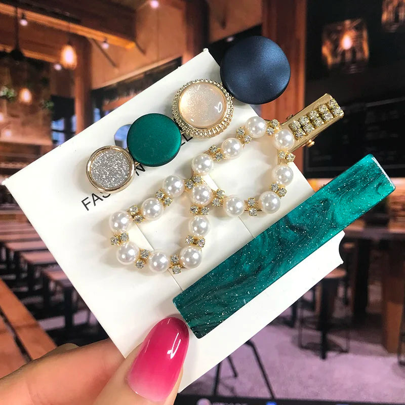 2022 Pearl Crystal Acrylic Hair Clips Set for Women Retro Geometric Barrettes Hairpin Girl Hair Accessories Fashion Jewelry