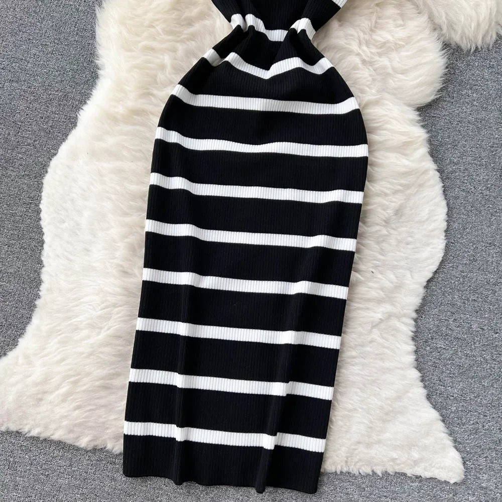 Korean Sweet Hit Color Patchwork Striped Spaghetti Strap Dress and V Neck Long Sleeve Cardigans 2 Pieces Sets